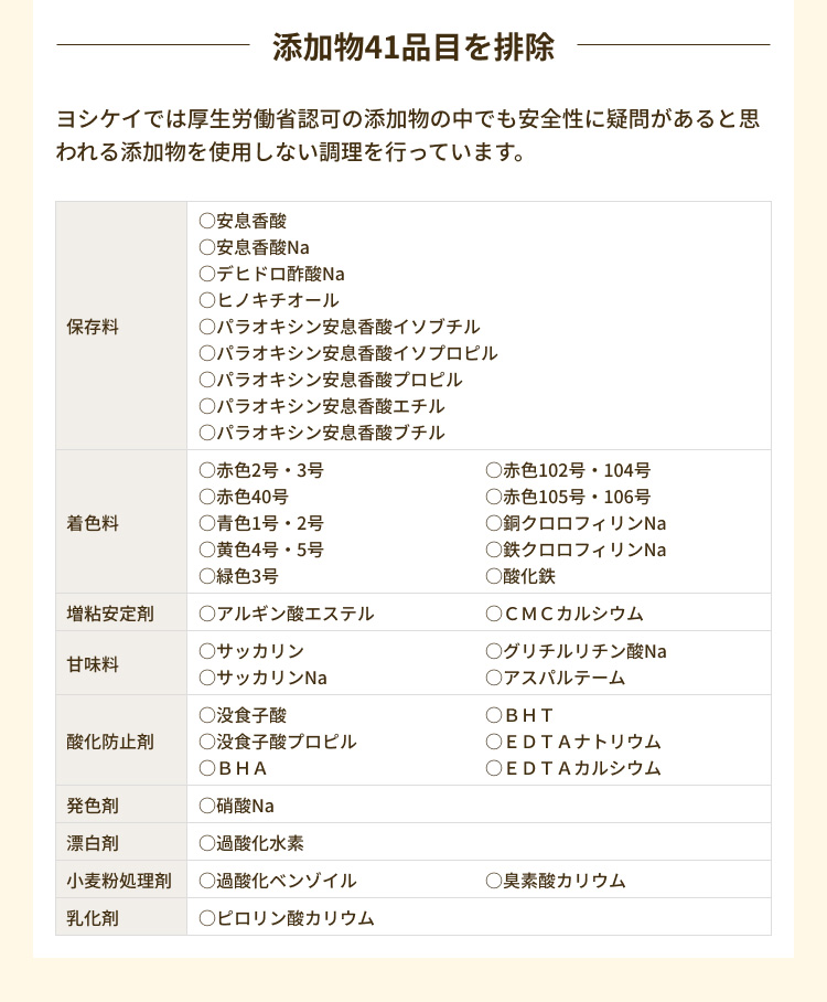 添加物41品目を排除 ヨシケイでは厚生労働省認可の添加物の中でも安全性に疑問があると思われる添加物を使用しない調理を行っています。