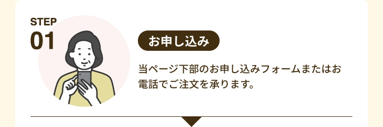 「STEP01 お申し込み」 当ページ下部のお申し込みフォームまたはお電話でご注文を承ります。