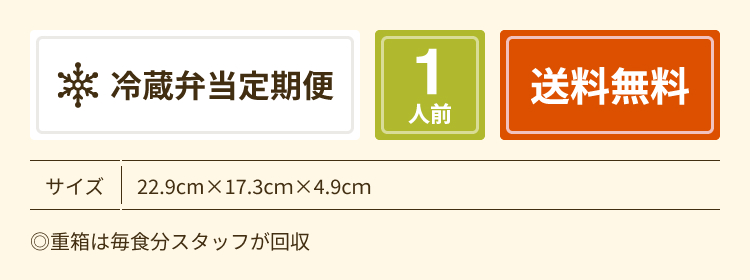 冷蔵弁当定期便 1人前 送料無料 サイズ：22.9cmx17.3cmx4.9cm ◎重箱は毎食分スタッフが回収