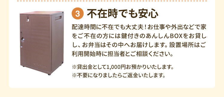 ③不在時でも安心 配達時間に不在でも大丈夫！お仕事や外出などで家をご不在の方には鍵付きのあんしんBOXを貸し、お弁当はその中へお届けします。設置場所はご利用開始時に担当者とご相談ください。｜※貸出金として1,000円お預かりいたします。 ※不要になりましたらご返金いたします。